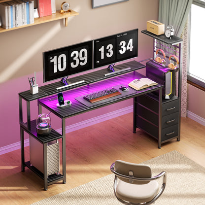 Satifur 63 Gaming Desk with Power Outlets, LED Computer Desk with 4 Tiers Shelves for Home Office with Hutch Board, Drawers, Black Carbon Fiber