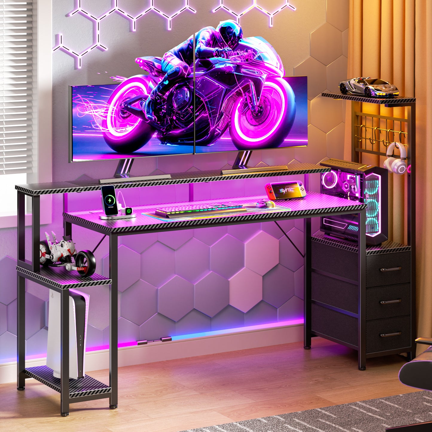 Satifur 63 Gaming Desk with Power Outlets, LED Computer Desk with 4 Tiers Shelves for Home Office with Hutch Board, Drawers, Black Carbon Fiber