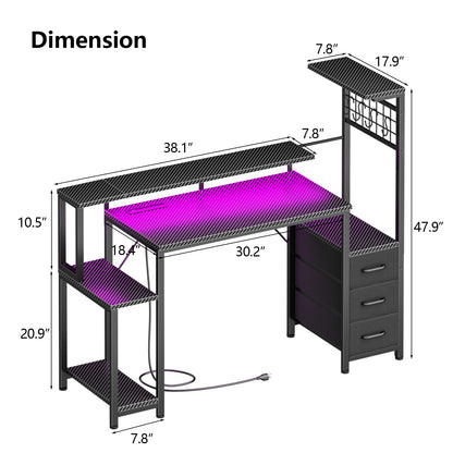 Satifur 48 Gaming Desk with Power Outlets, LED Computer Desk with 4 Tiers Shelves for Home Office with Hutch Board, Drawers, Black Carbon Fiber