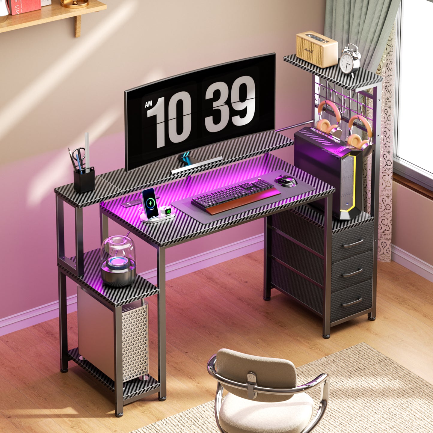 Satifur 48 Gaming Desk with Power Outlets, LED Computer Desk with 4 Tiers Shelves for Home Office with Hutch Board, Drawers, Black Carbon Fiber
