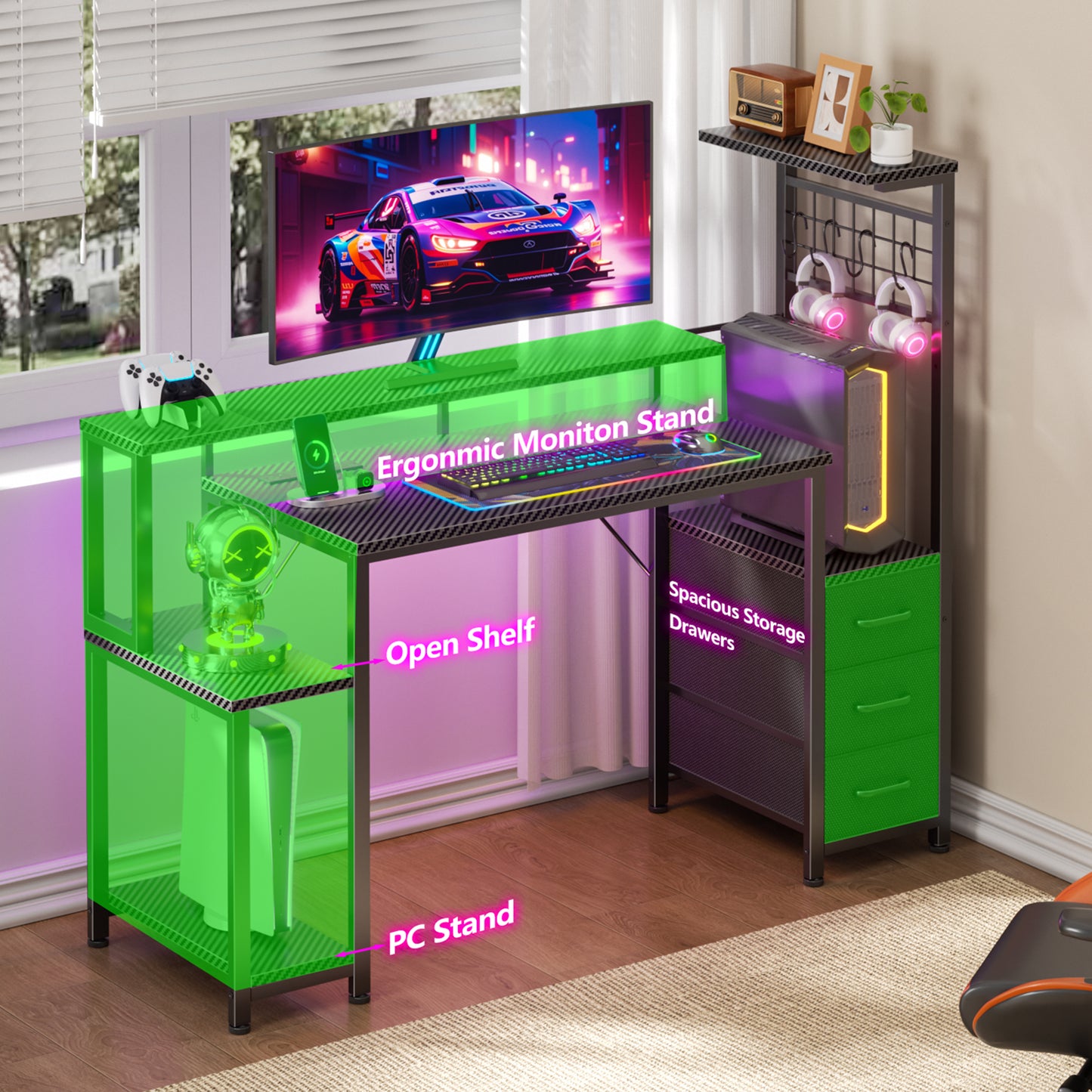Satifur 48 Gaming Desk with Power Outlets, LED Computer Desk with 4 Tiers Shelves for Home Office with Hutch Board, Drawers, Black Carbon Fiber