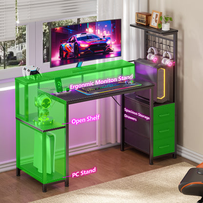 Satifur 48 Gaming Desk with Power Outlets, LED Computer Desk with 4 Tiers Shelves for Home Office with Hutch Board, Drawers, Black Carbon Fiber