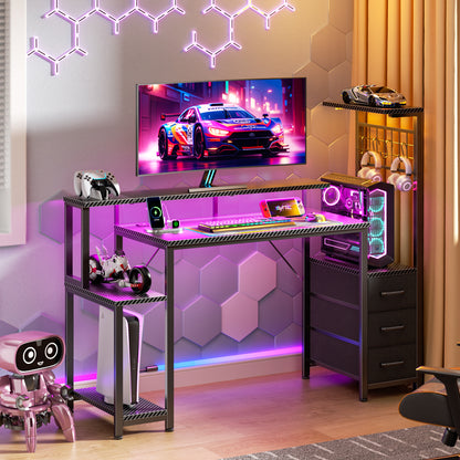 Satifur 48 Gaming Desk with Power Outlets, LED Computer Desk with 4 Tiers Shelves for Home Office with Hutch Board, Drawers, Black Carbon Fiber