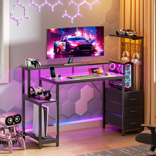 Satifur 48 Gaming Desk with Power Outlets, LED Computer Desk with 4 Tiers Shelves for Home Office with Hutch Board, Drawers, Black Carbon Fiber