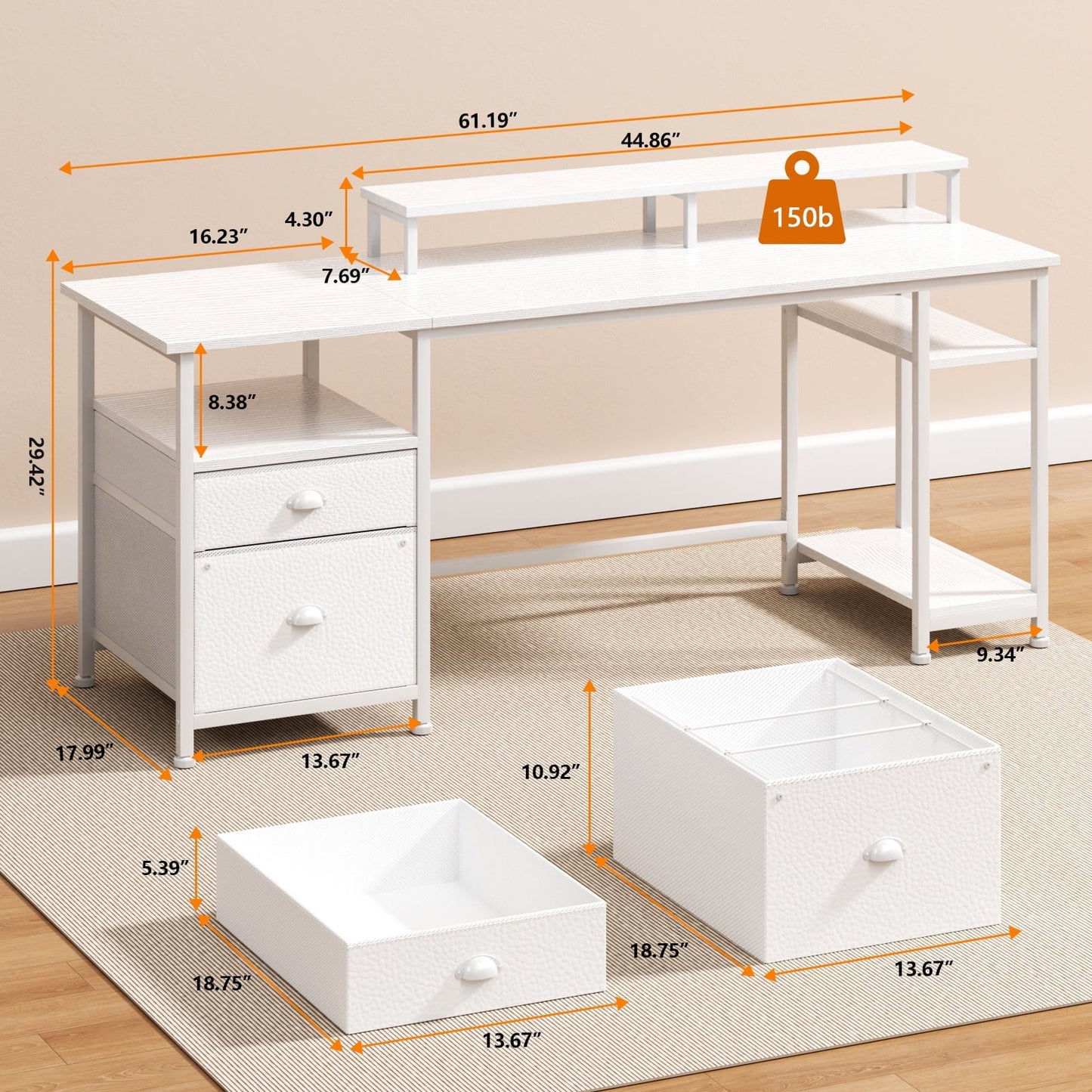 Hexmn White Multi-Functional Computer Desk with Dual Monitor Stand & Adjustable Shelves