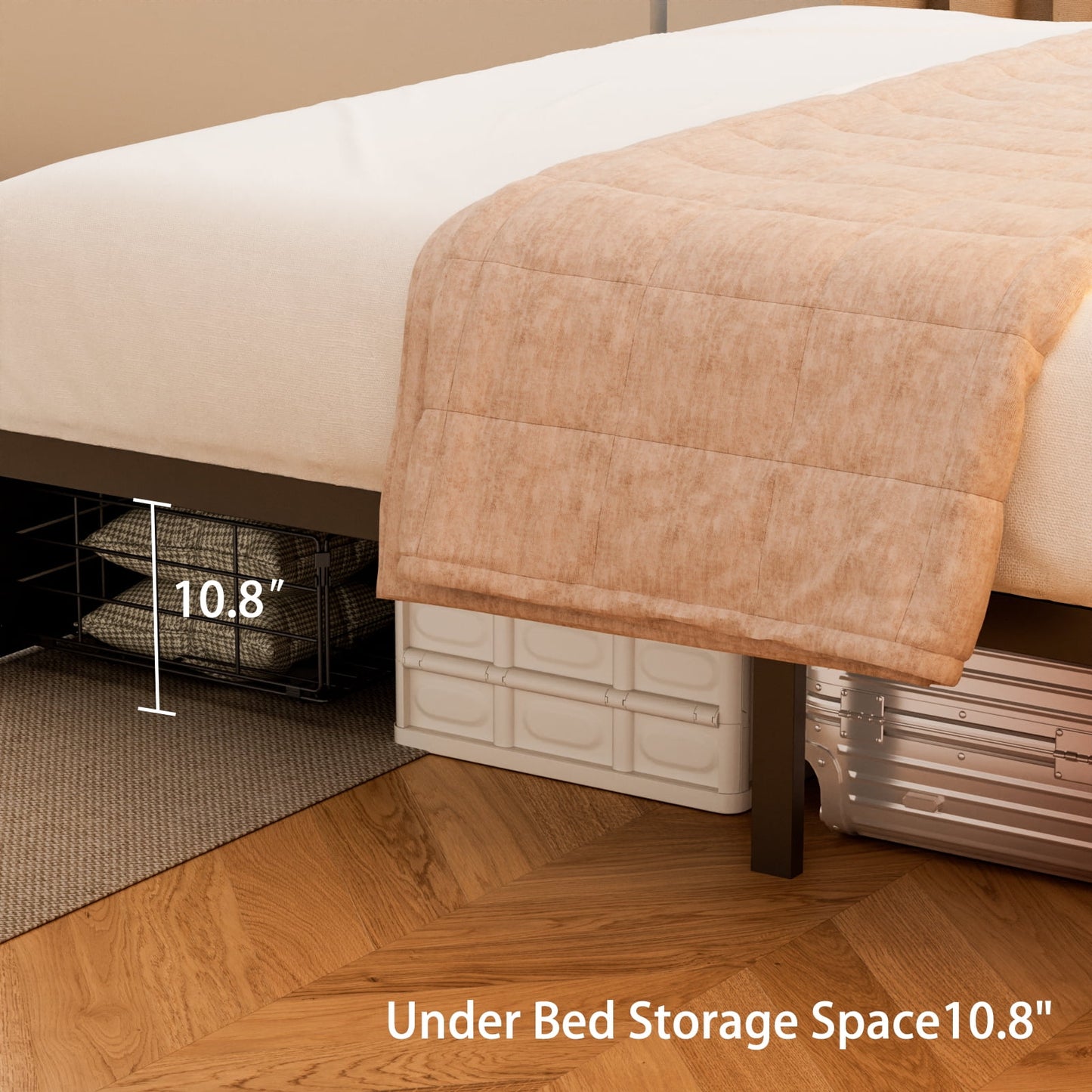 Hexmn Queen Size LED Metal Bed Frame Built-In Charging, Platforrm Storage Bed Frames Under-bed Storage and Noise Free Design