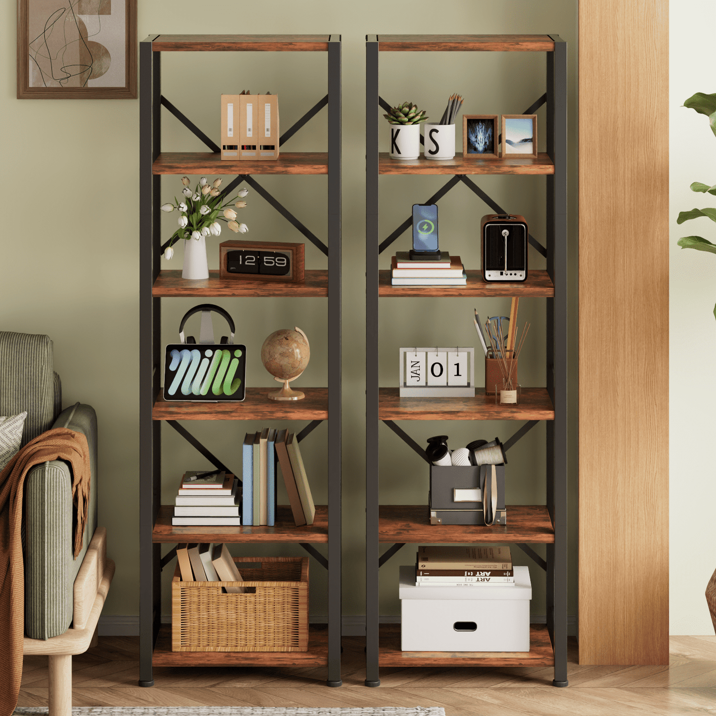 Satifur Bookshelf Bookcase Organizer with 6 Shelves for Living Room Bedroom Kitchen Garage,Rustic Brown