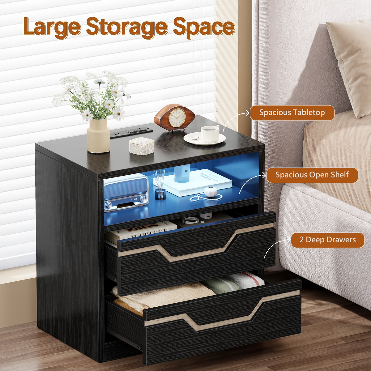 Satifur Charging Nightstand with Power Strip, Bedside Table with 2 Drawers & Open Shelf, Modern End Table with USB & Type-C Ports for Living Room, Black