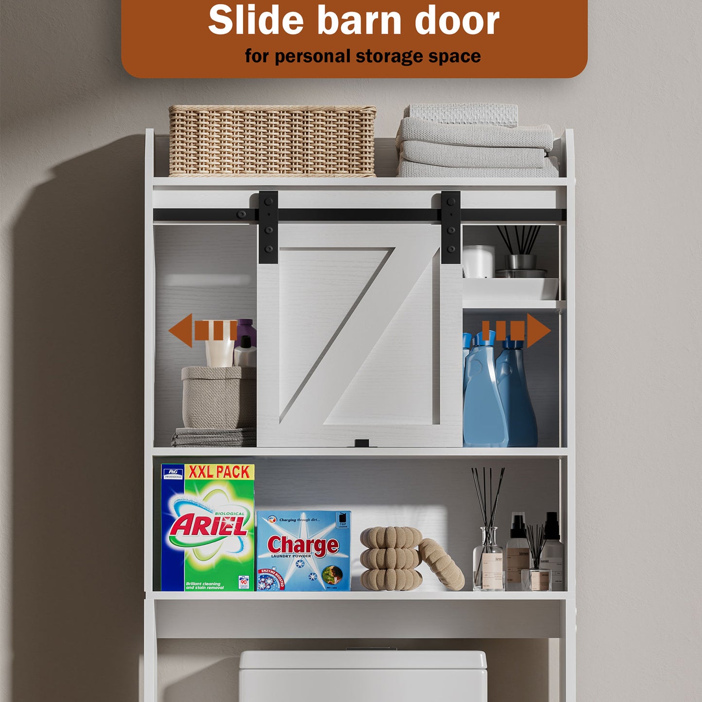 Satifur Over The Toilet Storage Cabinet, Bathroom Space Saver with Sliding Barn Door, 6-Tier Freestanding Bathroom Shelf Farmhouse Organizer, White