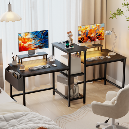 Satifur 71 Inch 2 Person Gaming Desk with Storage Shelves, Double Home Office Computer Writing Desks with USB Charging Port & LED Lights,Black