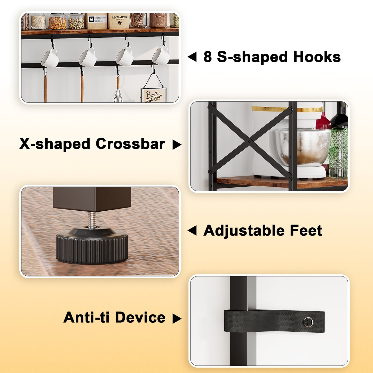 Tydimor Bakers Rack with Power Outlet, Kitchen Microwave Stand, 4-Tier Coffee Bar Table, Space-Saving Kitchen Storage Shelf, Rustic Brown