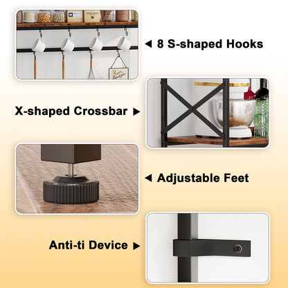 Tydimor Bakers Rack with Power Outlet, Kitchen Microwave Stand, 4-Tier Coffee Bar Table, Space-Saving Kitchen Storage Shelf, Rustic Brown