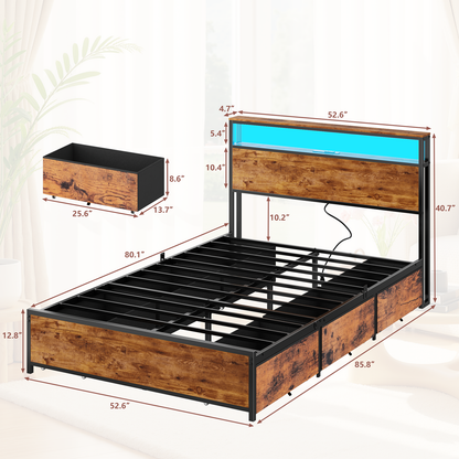 Satifur Full Bed Frame with 6 Storage Drawers, Metal Platform Bed Frame with 2-Tier Storage Headboard & LED, Built in Charging Station, Noise-Free, No Box Spring Needed, Rustic Brown