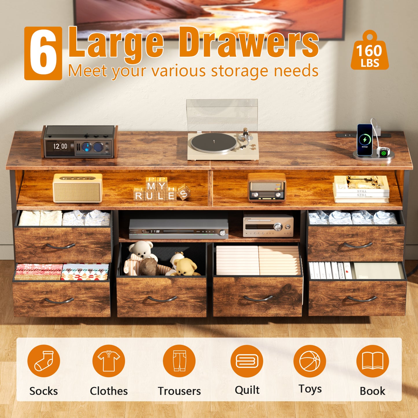 Tydimor Modern TV Stand for TVs up to 55", Media Console with 6 Drawers for Living Room, Entertainment Center with LED lights & Outlets, Rustic