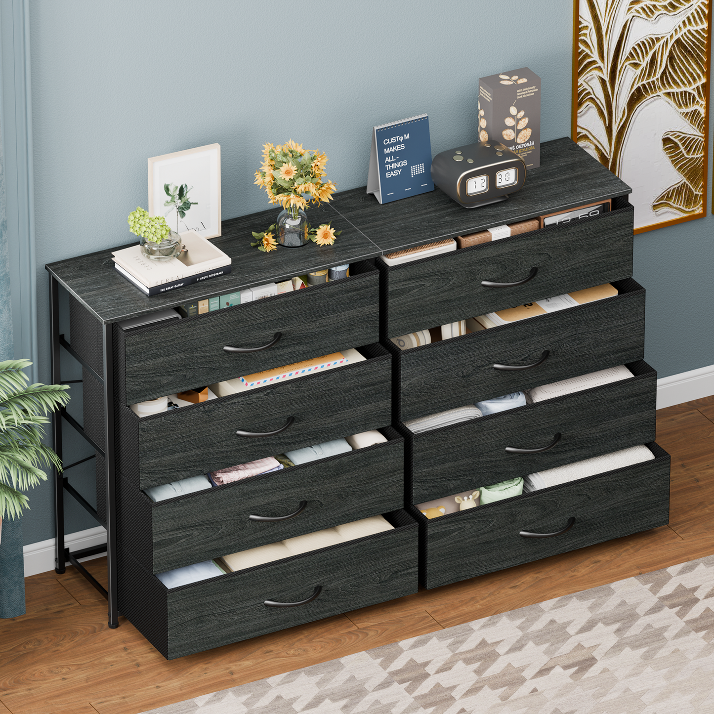 Tydimor Black 8 Fabric Drawers Dressers for Bedroom Wide Dresser TV Stand for 55" TVs, Chest of Drawers