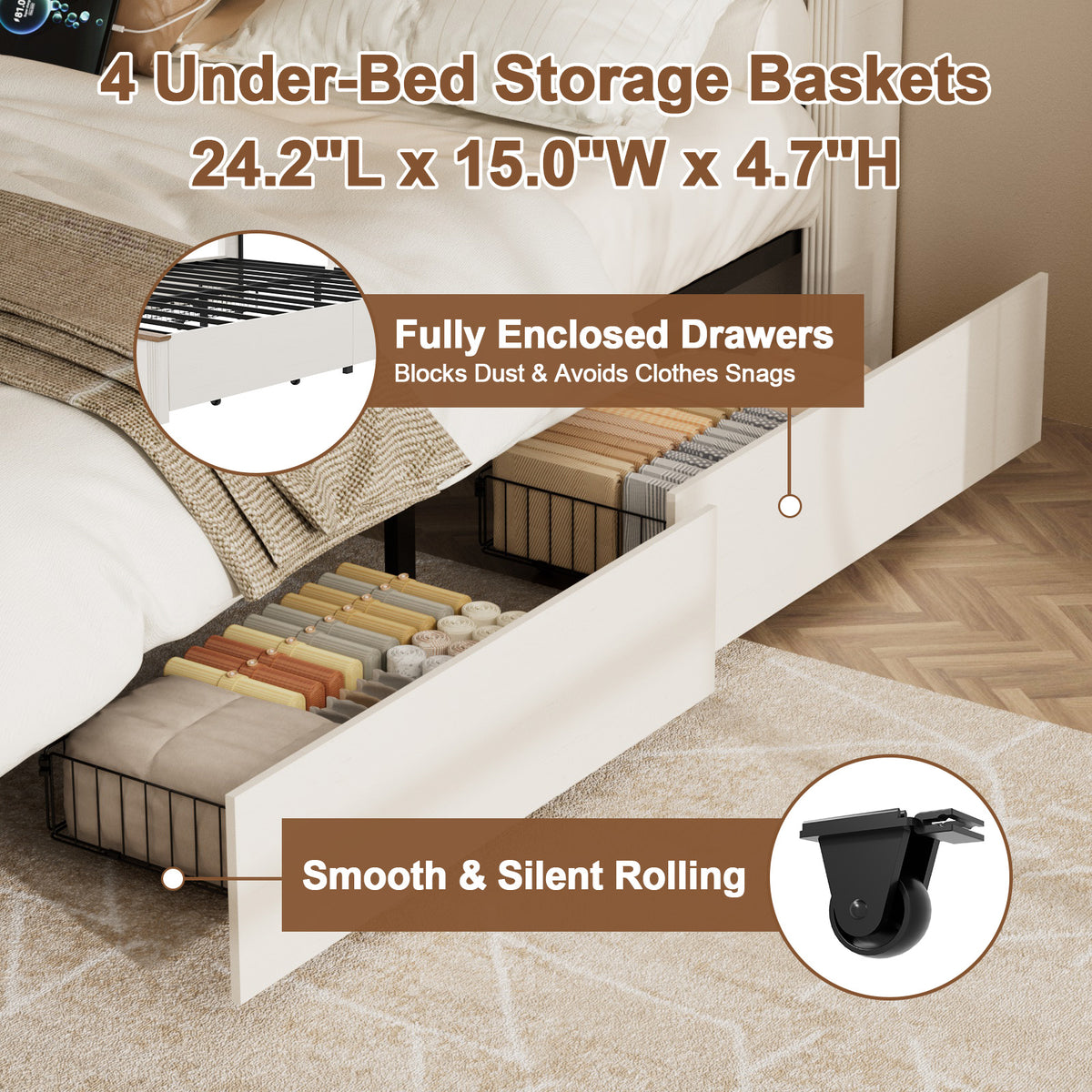 Satifur Metal Platform Bed Frame with Storage Drawers & RGB LED Strip Light, Built‑in Charging Station, No Box Spring Needed, White & Walnut Brown
