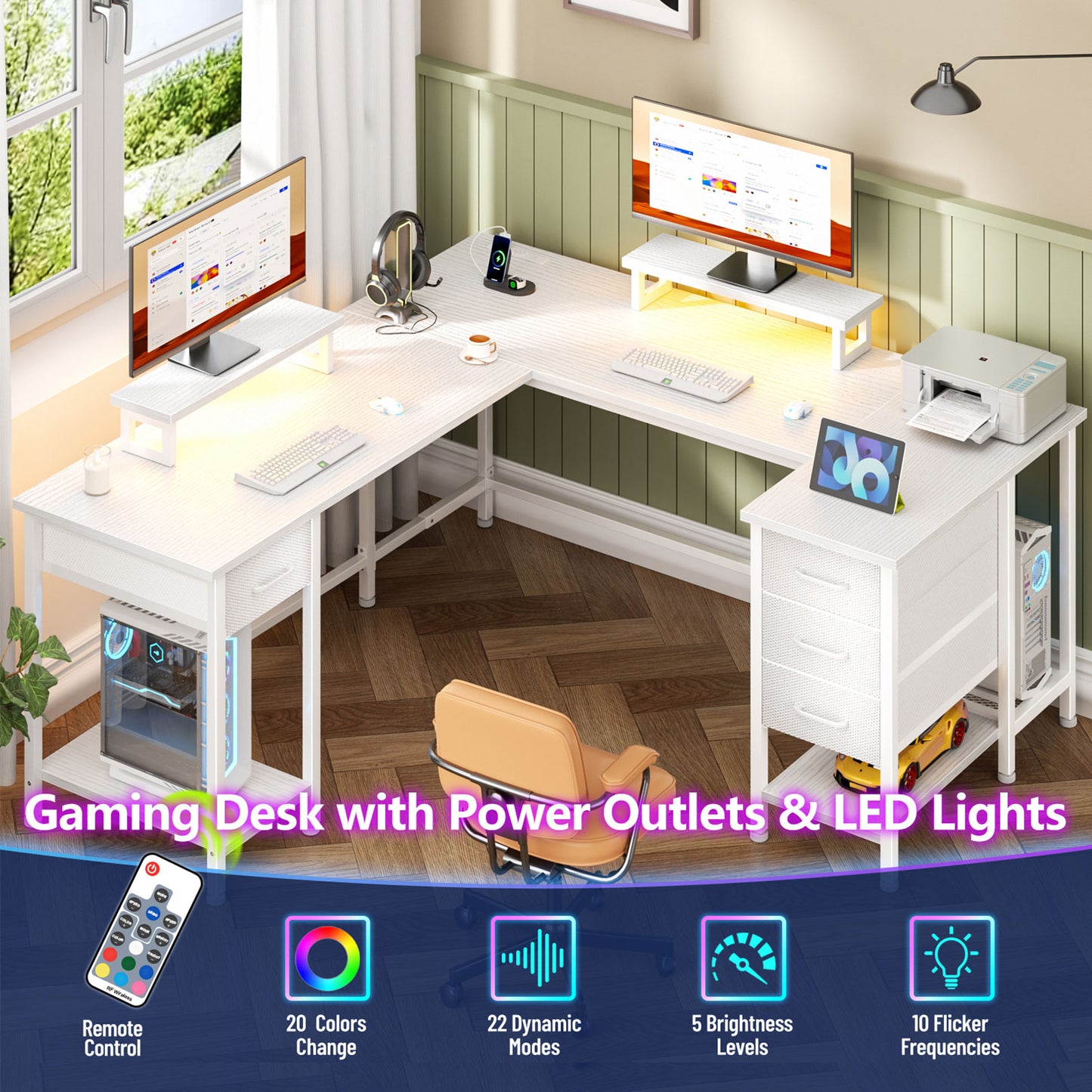 Satifur Computer Desk with Power Outlet & LED Light, Home Office Writting Desk for 2 Person 93" with Drawers & Monitor Stands, White