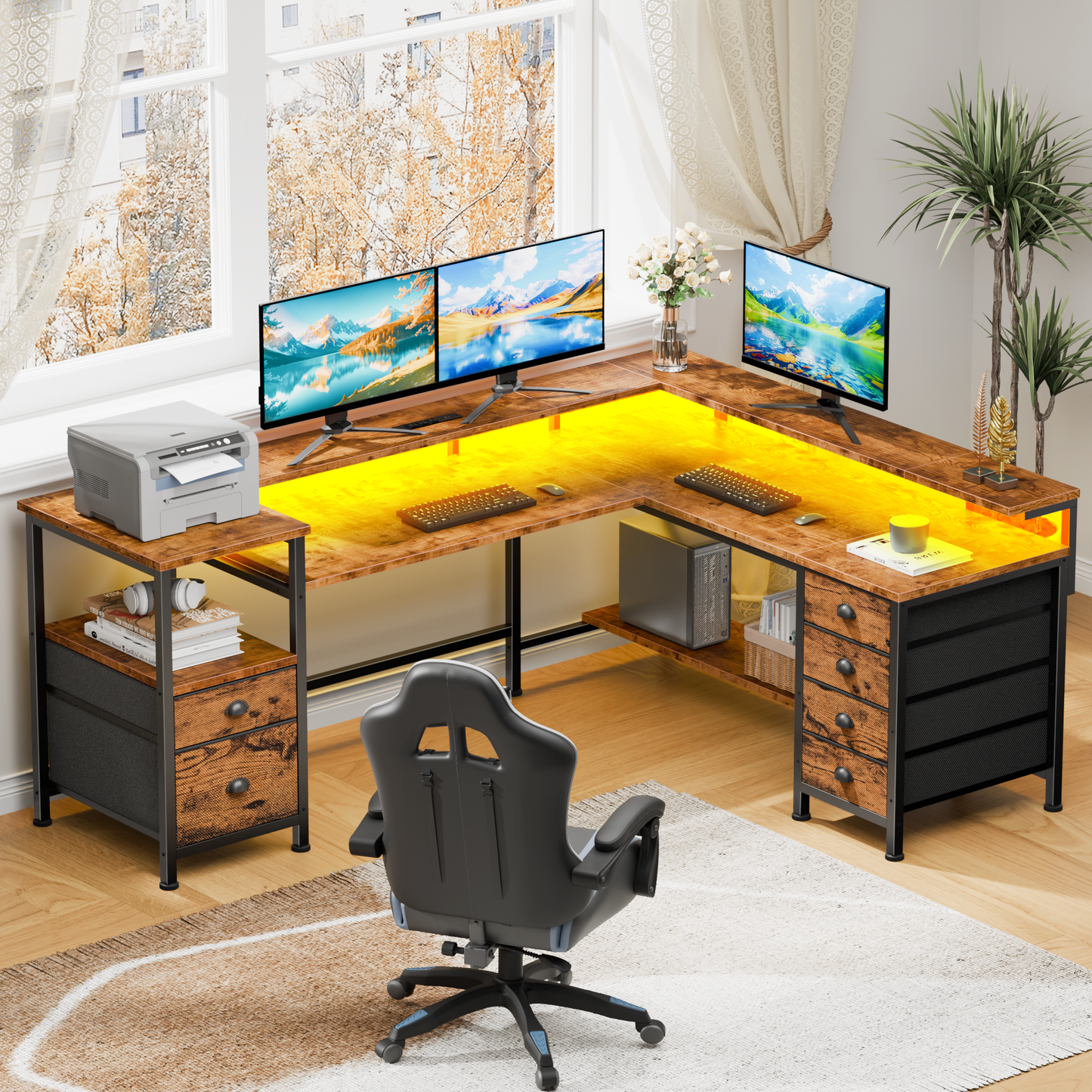 Sarifur L Shaped Computer Desk with Charging Station and LED Lights, 66 inch PC Table Study Desk 6 Drawers for Bedroom,Office Rustic Brown