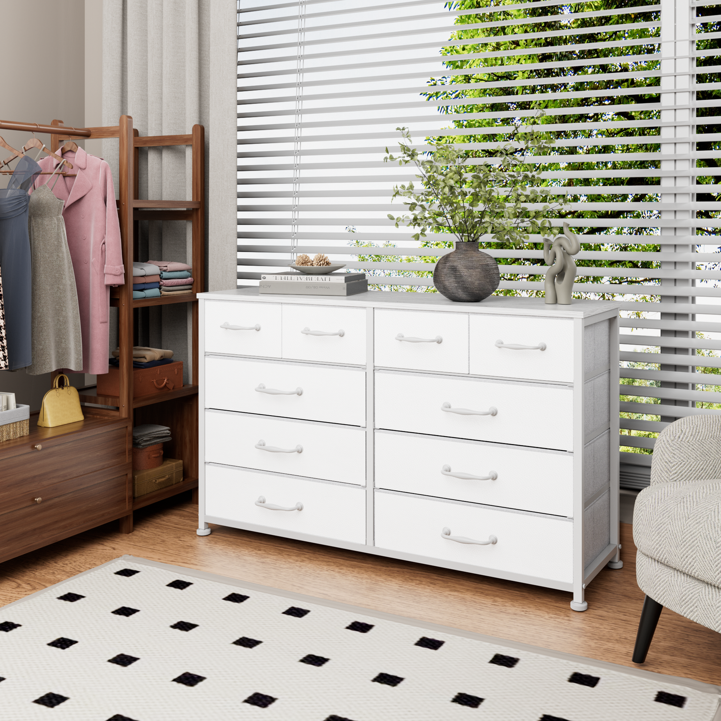 Tydimor Fabric Storage Dresser with 10 Drawers for Bedroom, Modern Wide Chest for Living Room, White