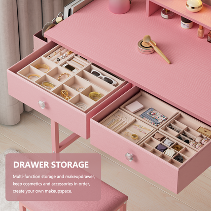 Satifur Vanity Desk with Mirror & Lights, GRWM Vanity with Drawers & Storage Shelves, Makeup Dressing Table with Stool & Charging, Pink