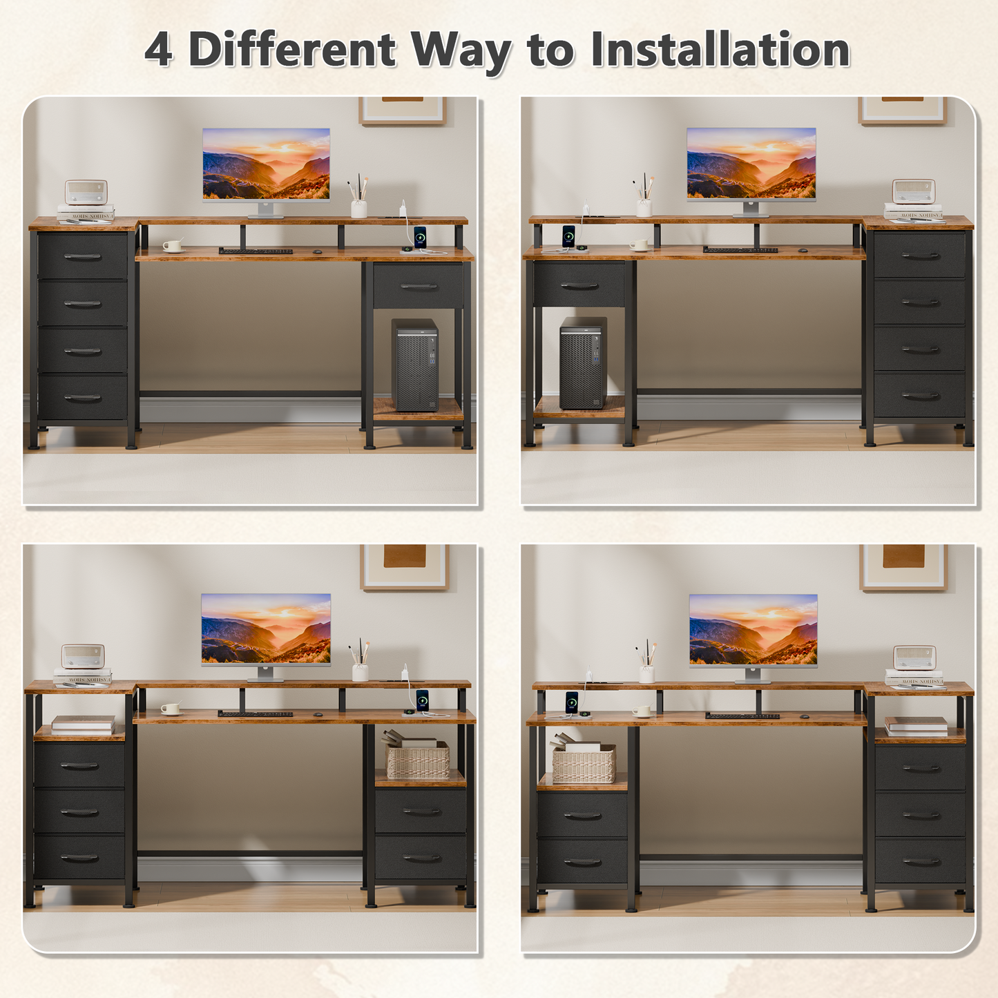 Satifur Gaming Desk with LED Lights & Power Outlets, 61" Computer Desk with 5 Fabric Drawers & Open Storage, Reversible Home Office Desk,Retro Brown