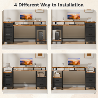 Satifur Gaming Desk with LED Lights & Power Outlets, 61" Computer Desk with 5 Fabric Drawers & Open Storage, Reversible Home Office Desk,Retro Brown