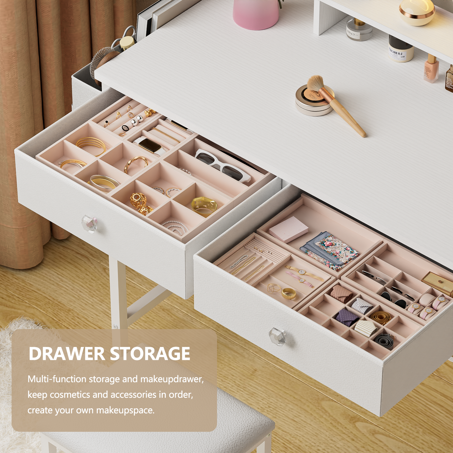 Tydimor Vanity Desk with Mirror & Lights, GRWM Vanity with Drawers & Storage Shelves, Makeup Dressing Table with Stool & Charging, White