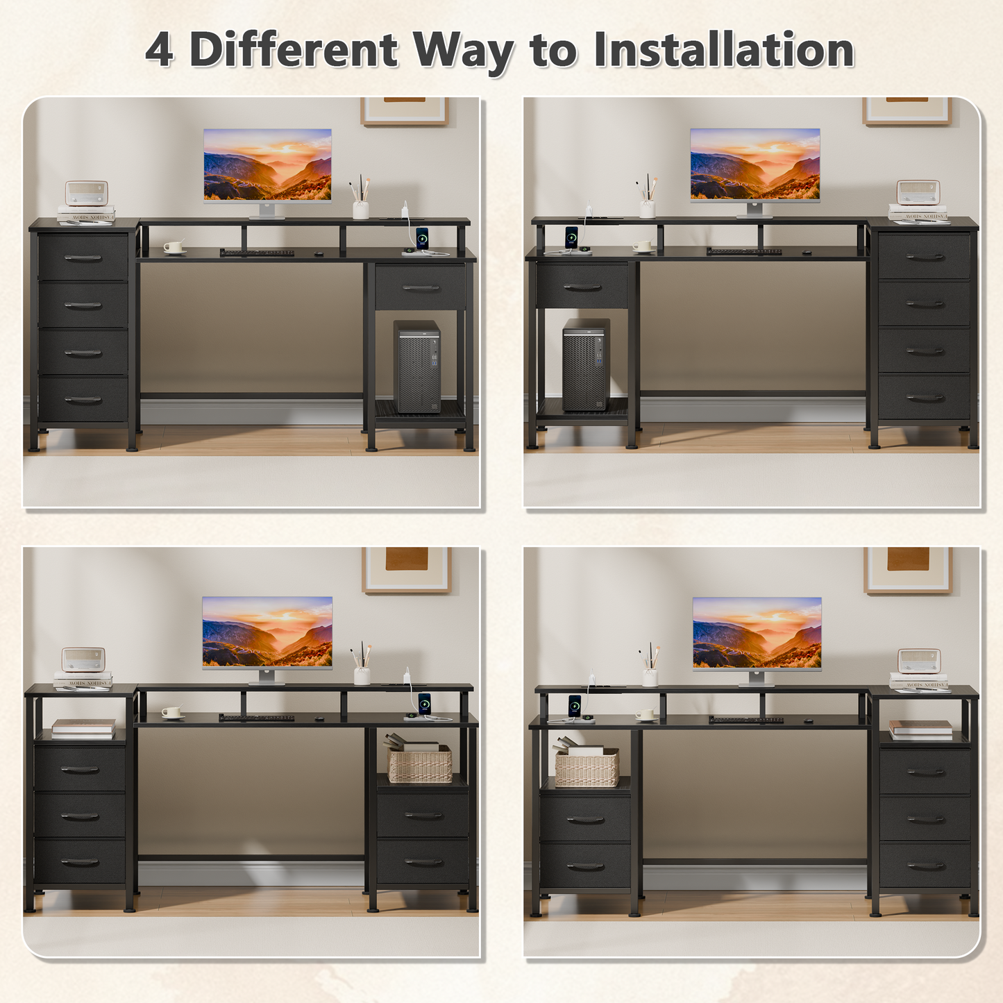 Satifur Gaming Desk with LED Lights & Power Outlets, 66" Computer Desk with 5 Fabric Drawers & Open Storage, Reversible Home Office Desk,Black