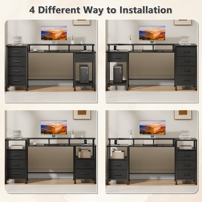 Satifur Gaming Desk with LED Lights & Power Outlets, 66" Computer Desk with 5 Fabric Drawers & Open Storage, Reversible Home Office Desk,Black