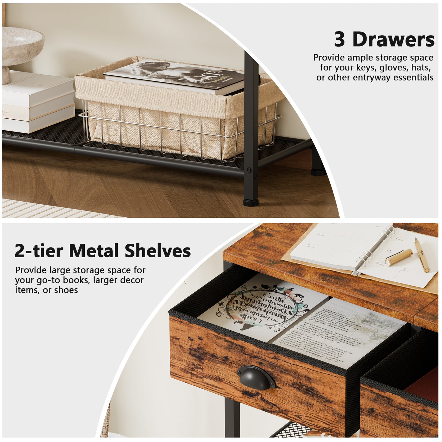 Satifur 47" Entryway Table with 4 Fabric Drawers, Console Table Metal Frame Sofa Table with 2 Shelves for Living Room and Hallway,Brown