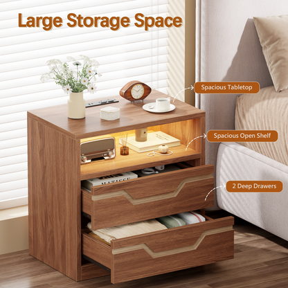 Satifur Charging Nightstand with Power Strip, Bedside Table with 2 Drawers & Open Shelf, Modern End Table with USB & Type-C Ports for Living Room, Cherry Wood