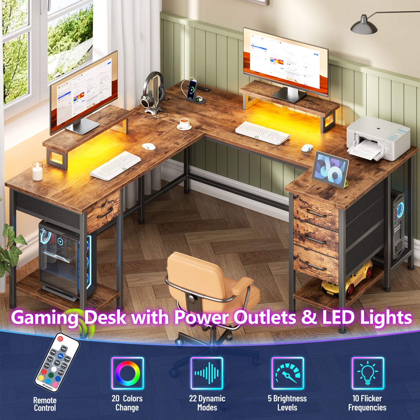 Satifur Computer Desk with Power Outlet & LED Light, Home Office Writting Desk for 2 Person 93" with Drawers & Monitor Stands, Rustic