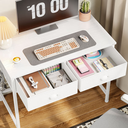 Satifur White Writing Desk with Drawers & Hooks, 34" Computer Desk with 2 Fabric Drawers