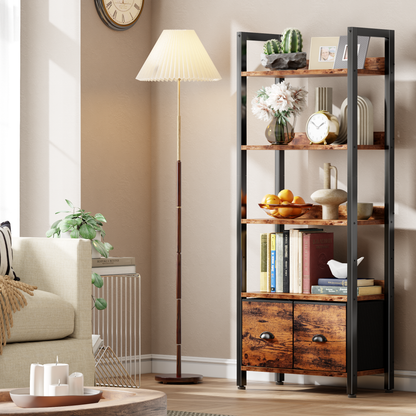 Iezza 5 Tier Rustic Brown Industrial Bookcase, Tall Storage Organizer with Detachable Drawers, Waterproof & Easy Clean Shelving for Bedroom, Kitchen, Entryway