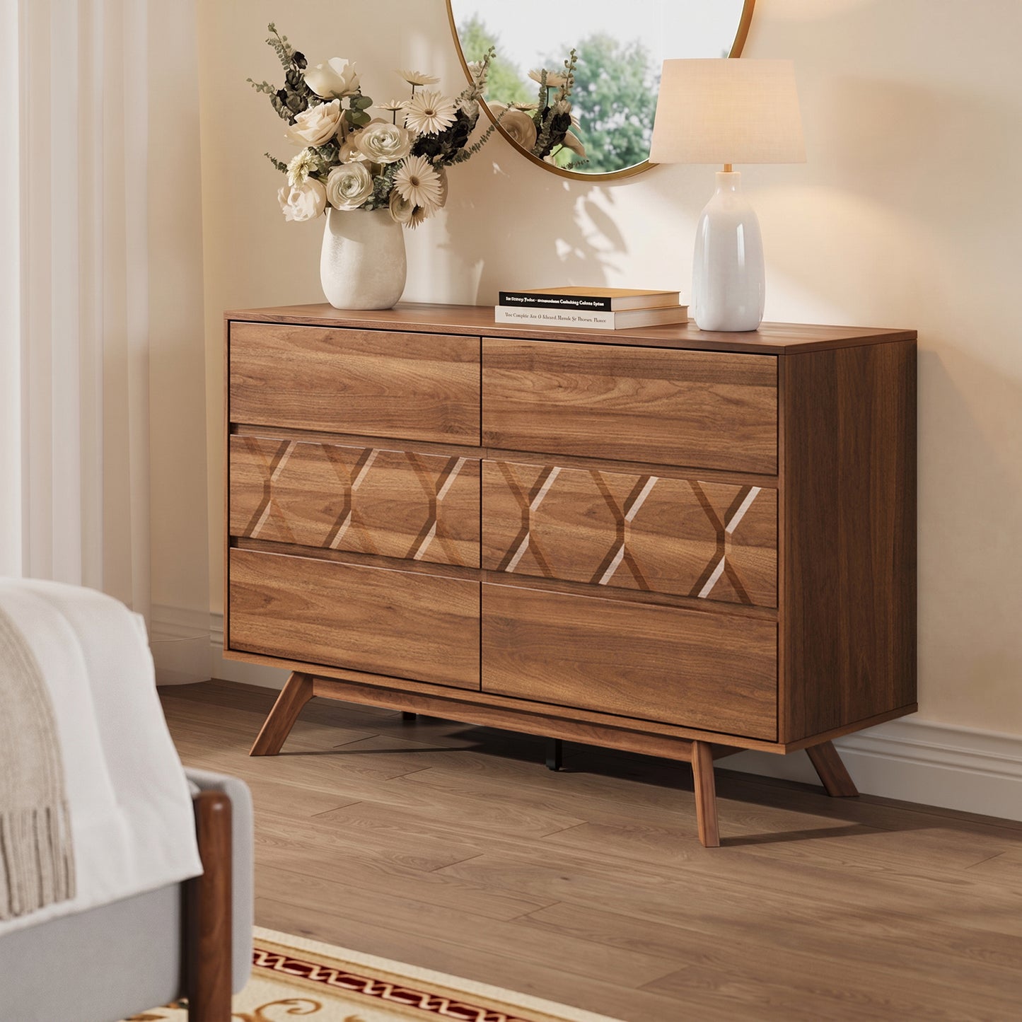 Tydimor 6 Drawer Wooden Geometric Dresser, 47" Wide Mid Century Textured Chest of Drawers, Bedroom Storage Cabinet & TV Stand, Walnut