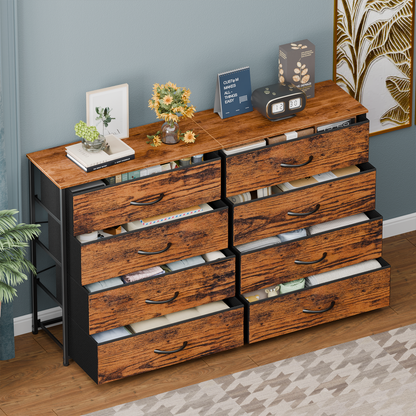 Tydimor 8 Fabric Drawers Dressers for Bedroom Wide Dresser TV Stand for 55" TVs, Chest of Drawers, Rustic Brown