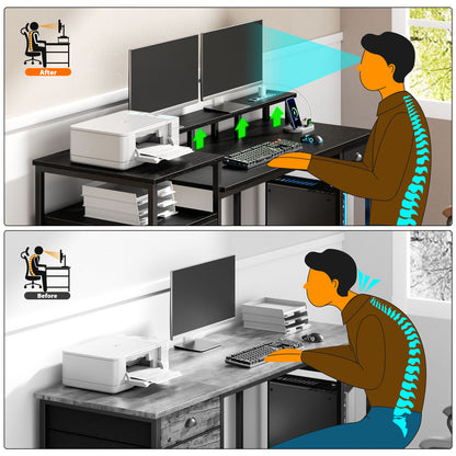 Satifur Computer Desk with 4 Drawers, 61 Inch Reversible Desk with Led Lights & Power Outlet, Home Office Desk with File Drawer & Monitor Stand, Black