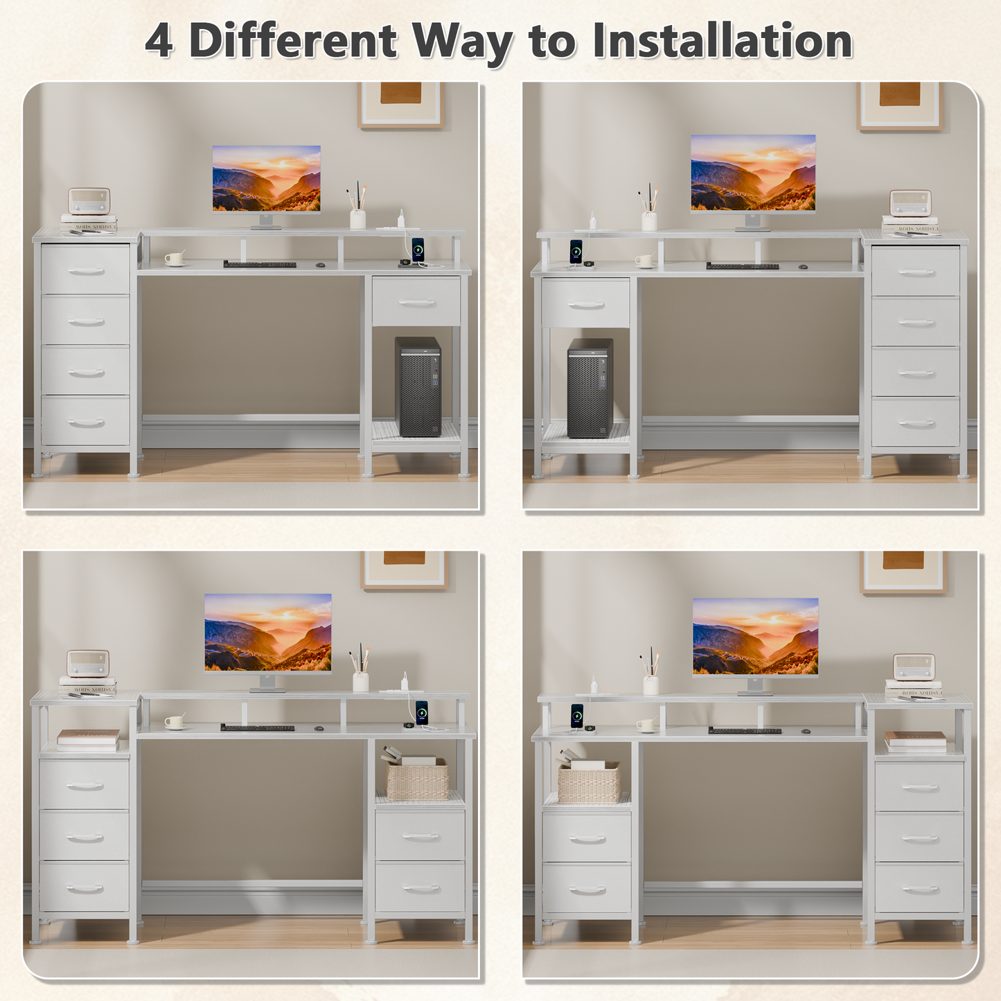 Satifur Gaming Desk with LED Lights & Power Outlets, 47" Computer Desk with 5 Fabric Drawers & Open Storage, Reversible Home Office Desk,White