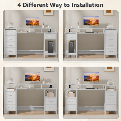 Satifur Gaming Desk with LED Lights & Power Outlets, 47" Computer Desk with 5 Fabric Drawers & Open Storage, Reversible Home Office Desk,White