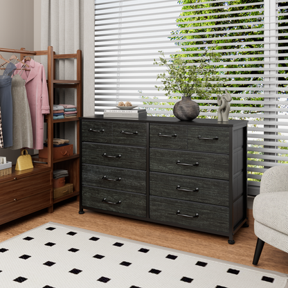 Tydimor Fabric Storage Dresser with 10 Drawers for Bedroom, Modern Wide Chest for Living Room, Black Oak