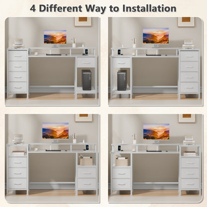 Satifur Gaming Desk with LED Lights & Power Outlets, 55" Computer Desk with 5 Fabric Drawers & Open Storage, Reversible Home Office Desk,White
