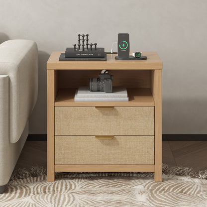 Satifur Nightstand Set of 2 with Rattan Style Finish & Charging Station, 2-Drawer Bedside Table with Open Shelf, for Bedroom Living Room, Natural Oak