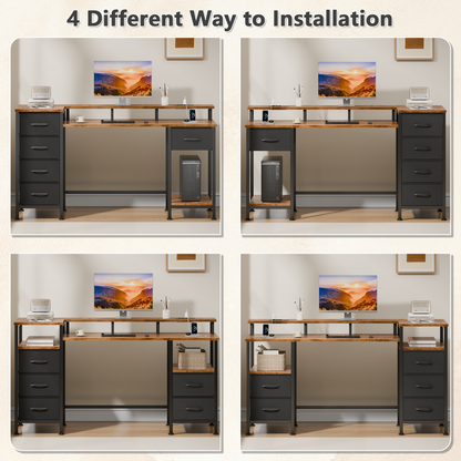 Satifur Gaming Desk with LED Lights & Power Outlets, 47" Computer Desk with 5 Fabric Drawers & Open Storage, Reversible Home Office Desk,Retro Brown