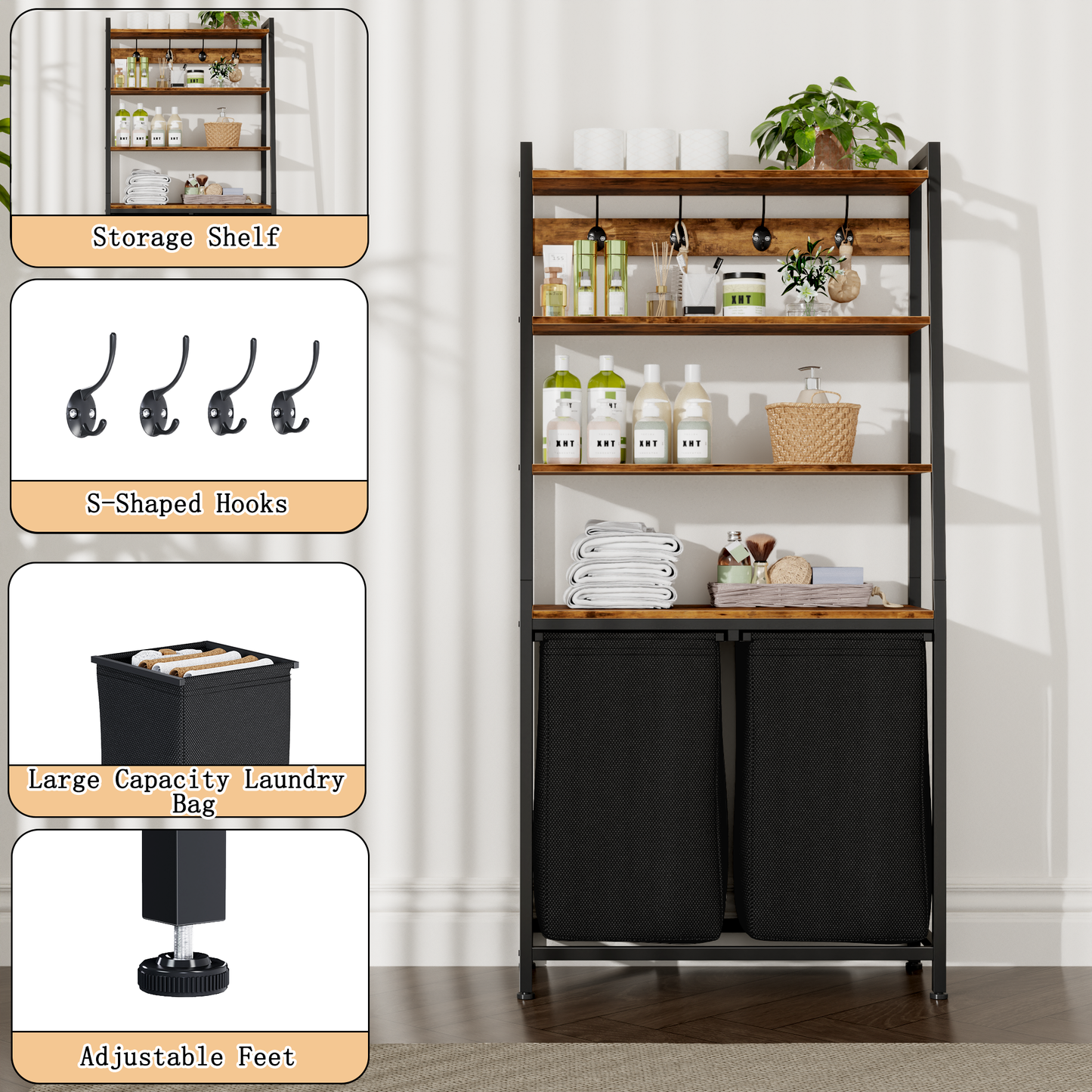 Satifur Laundry Basket Hamper Clothes Hamper with Oxford Fabric Pull-Out Bag 2-Tier Shelf