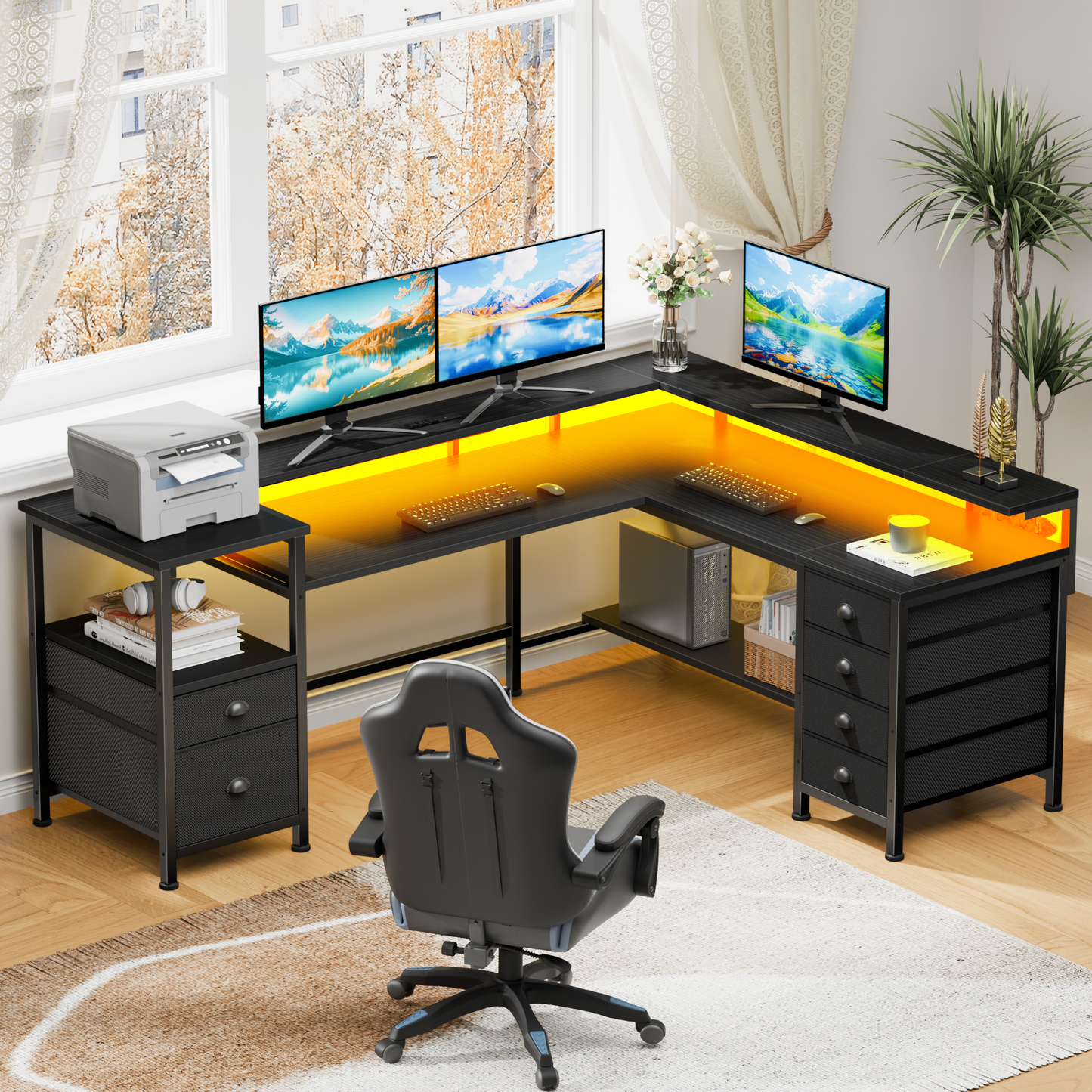 Sarifur L Shaped Computer Desk with Charging Station and LED Lights, 66 inch PC Table Study Desk 6 Drawers for Bedroom,Office Black
