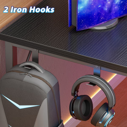 Satifur 57" L-Shaped Gaming Desk with LED Lights & Power Outlets, Computer Desk with Drawers & Printer Stand, Black