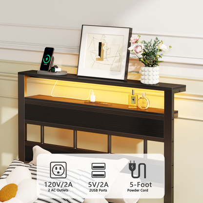 Satifur Twin Size Bed Frame with Storage Headboard and LED Light, Platform Bed with Metal Slats, Noise Free Design