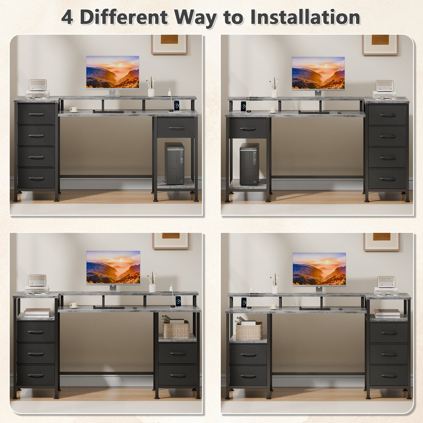 Satifur Gaming Desk with LED Lights & Power Outlets, 55" Computer Desk with 5 Fabric Drawers & Open Storage, Reversible Home Office Desk,Grey