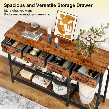 Satifur 47" Entryway Table with 4 Fabric Drawers, Console Table Metal Frame Sofa Table with 3 Shelves for Living Room and Hallway, Rustic Brown