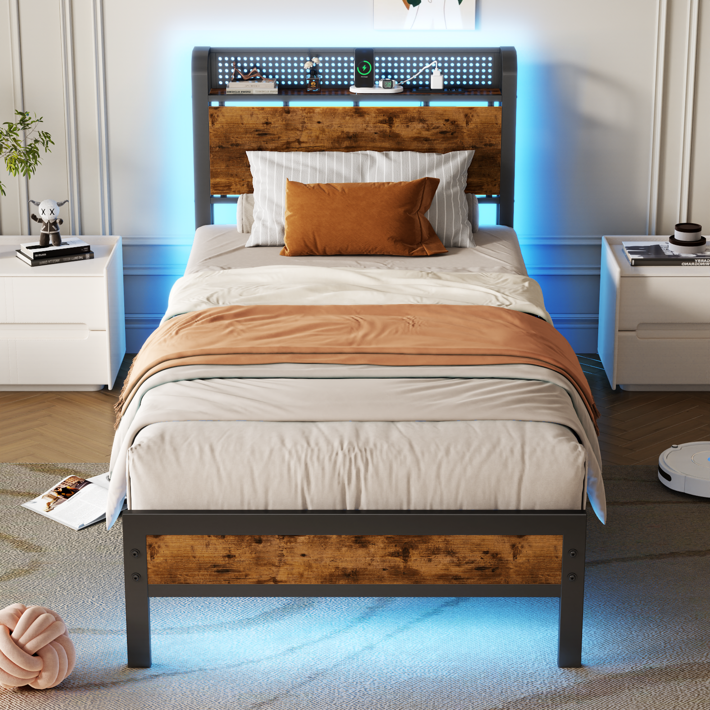 Satifur LED Bed Frame Twin Size with 2 USB Ports and Outlets, Platform Metal Bed Frame, No Box Spring Needed, Noise-Free